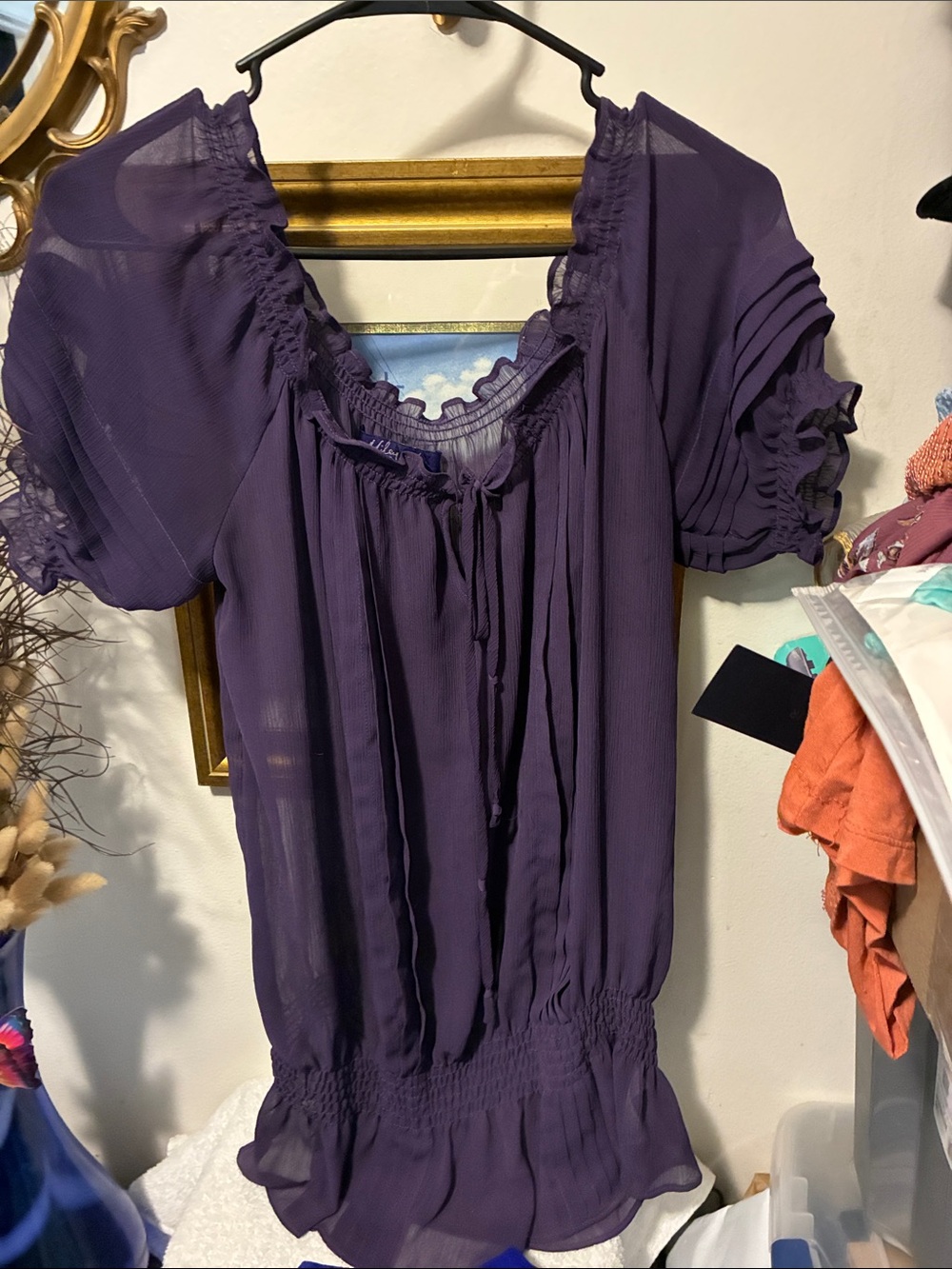Miley Cyrus & Max Azria Purple Sheer Boho Peasant Top